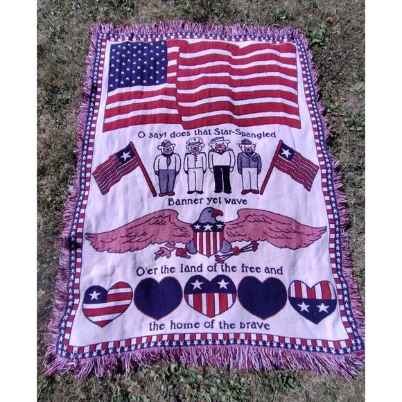 Vtg Tapestry Patriotic Throw Blanket Fringe Grandma Cottage Core Farm 43x64 - Picture 1 of 4